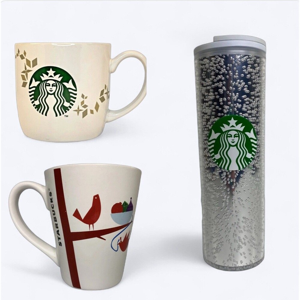 3 Starbucks Holiday Mugs Tumbler 2011 Mermaid 2013 Partridge 2020 Bubble Xmas